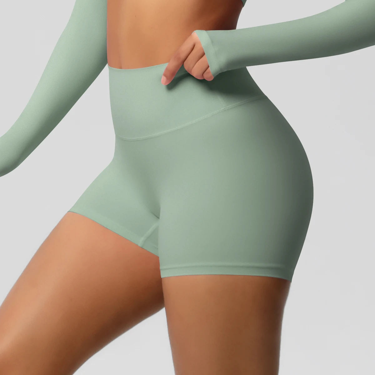 Damen-Sportshorts mit hoher Taille, mintgrün, seitliche Ansicht, glattes Material