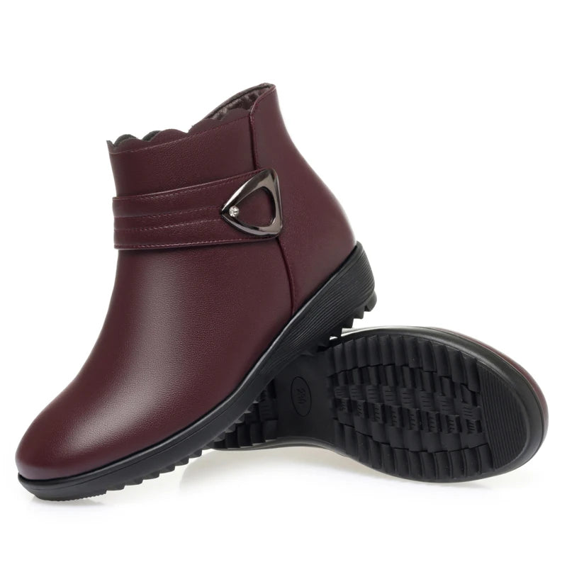 Damen Schneestiefel aus echtem Leder mit rutschfestem flachem Boden