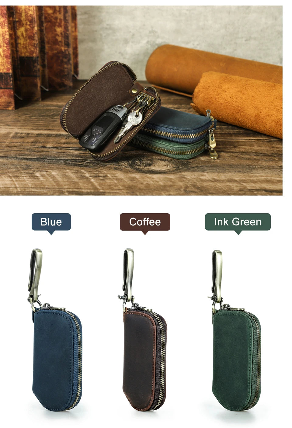 Schlüsselhalter-Set aus Leder: blau, braun und dunkelgrün, mit Metallhaken und Reißverschluss