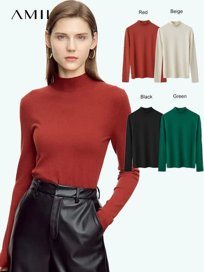 Damen-Strickpullover mit Rollkragen, langarm, schmal geschnitten, einfarbig rot