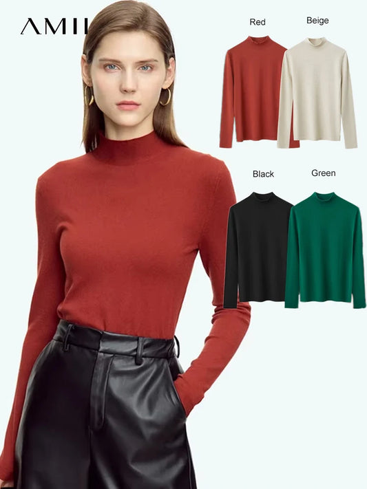 Damen-Strickpullover mit Rollkragen, langarm, schmal geschnitten, einfarbig rot