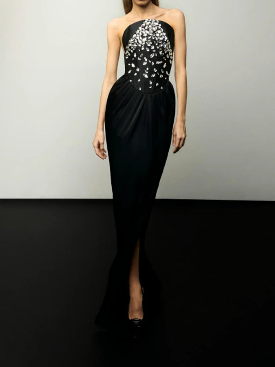 Elegantes Midi-Kleid mit schulterfreiem Ausschnitt, langen Ärmeln und Pailletten-Patchwork – figurbetontes Design für Damen
