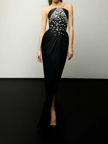 Elegantes Midi-Kleid mit schulterfreiem Ausschnitt, langen Ärmeln und Pailletten-Patchwork – figurbetontes Design für Damen