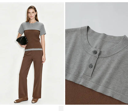 Damen-Rundhalspullover Farbblock Slim Kurzarm Viskose Büro Sommer
