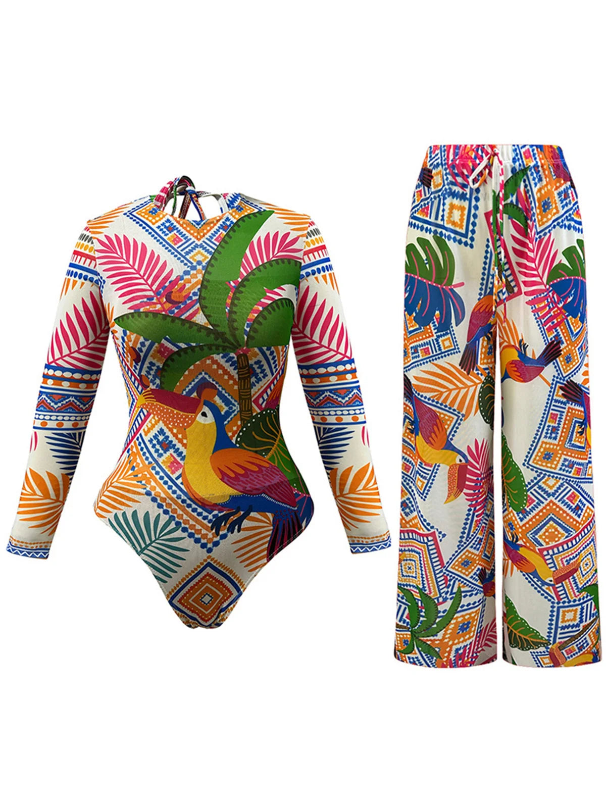 Damen-Badeanzug Print Langarm Sarong-Hose Set gepolstert