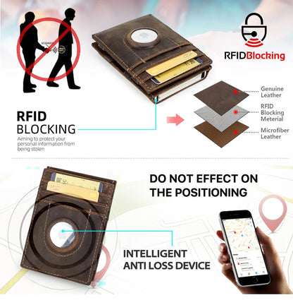Herren Echtleder Geldbörse Vintage RFID Airtag Fach Aluminium Kartenhalter Business