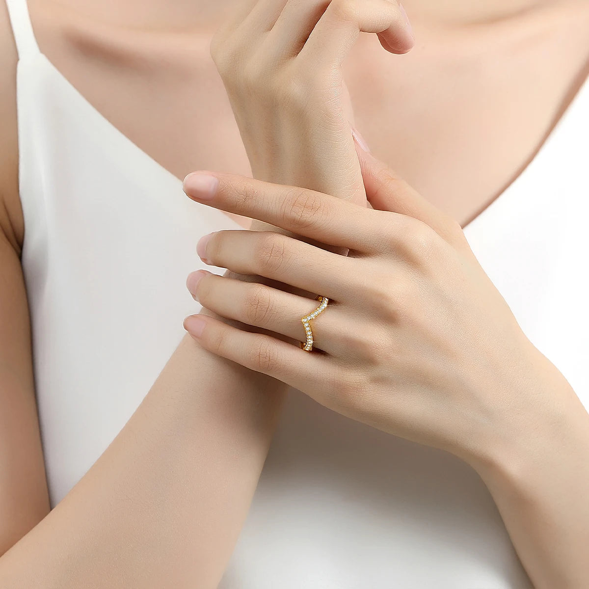 Damen-Ring aus 14 Karat Gold, V-Form Mit Moissanit, Zertifikat 585, Valentinstag Geschenk