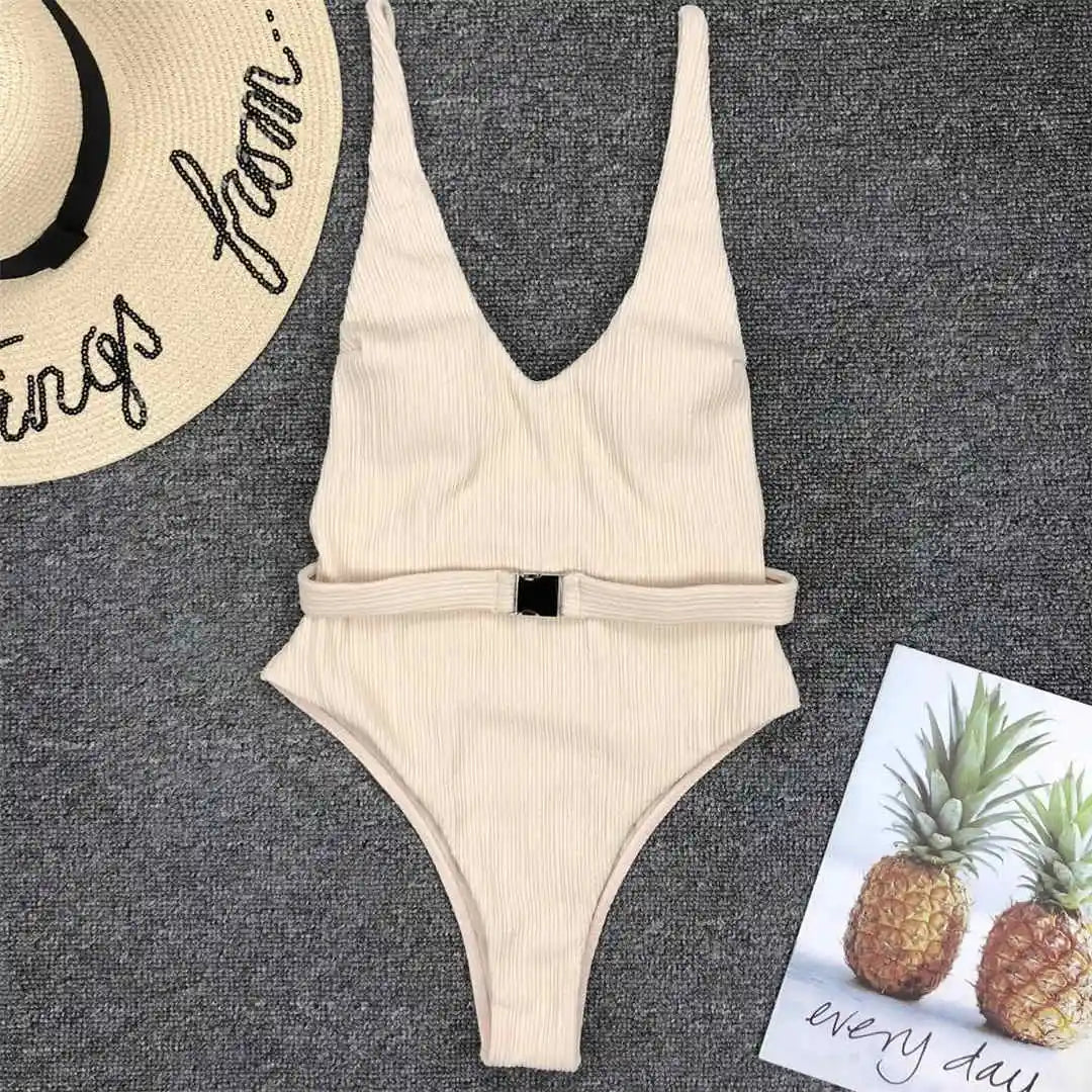 Damen-Badeanzug gerippt High-Cut Gürtel Monokini 6 Farben