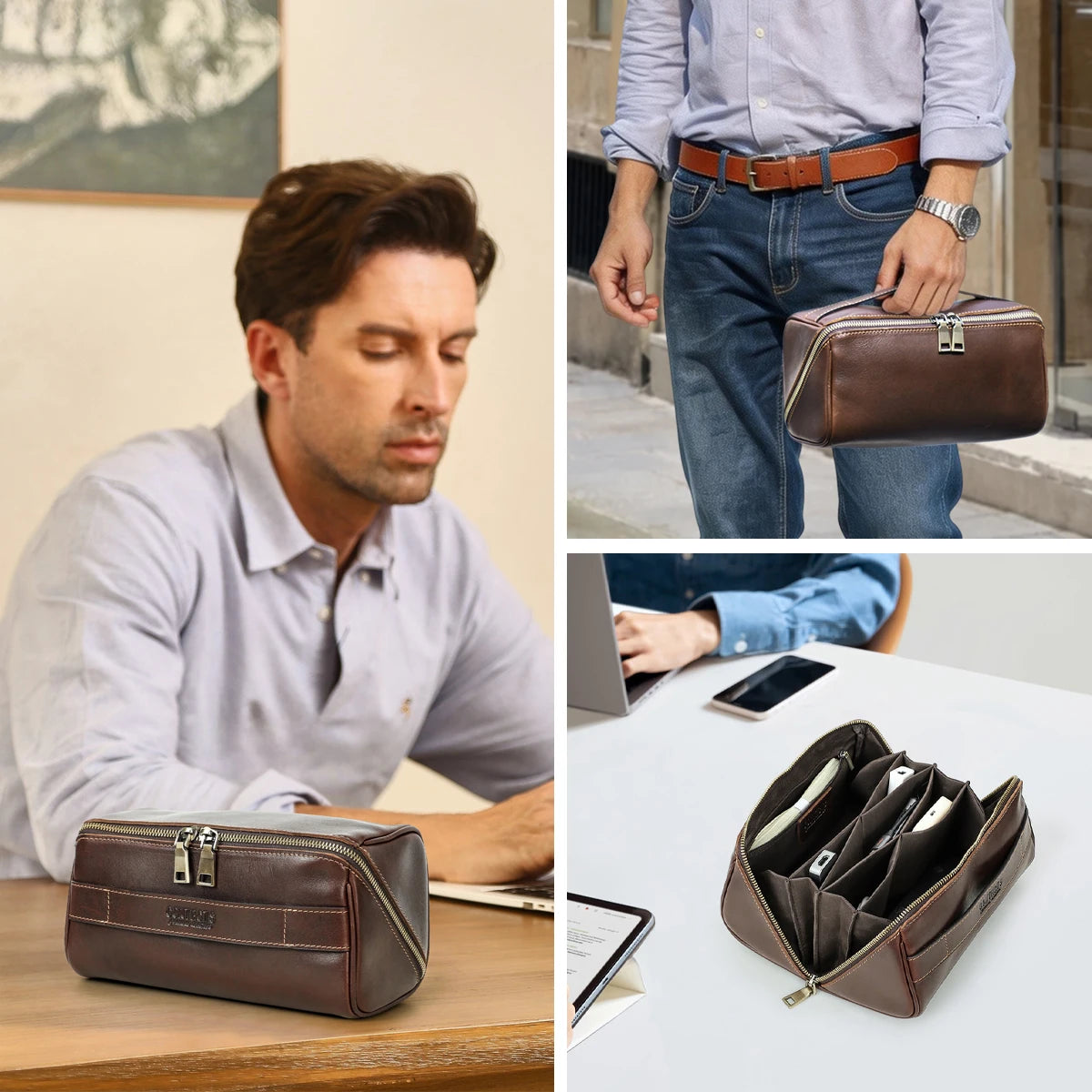 Braune Herren-Reisetasche aus Leder auf dem Tisch, geöffnetes Innenfach