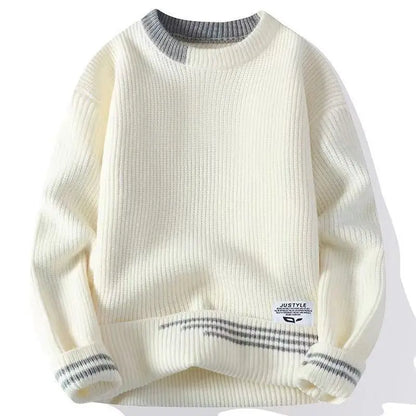 Dicker Herren-Pullover mit Rundhalsausschnitt und Patchwork-Design – Lockerer, elastischer Langarm für Herbst und Winter