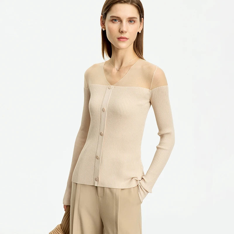 Strickpullover für Damen, gerippter Stoff, Knopfleiste, lange Ärmel, beiger Schulterbereich