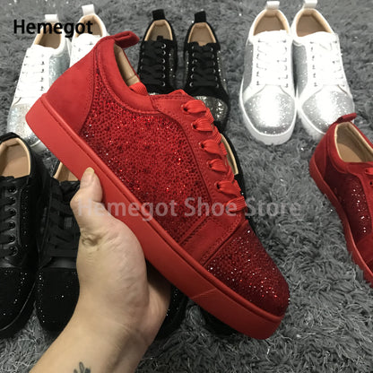 Low-Top Rhinestone Sneakers Men Spring and Autumn Luxury Brand Lace-Up Casual Shoes Red Black White Flats Leather Board Shoes