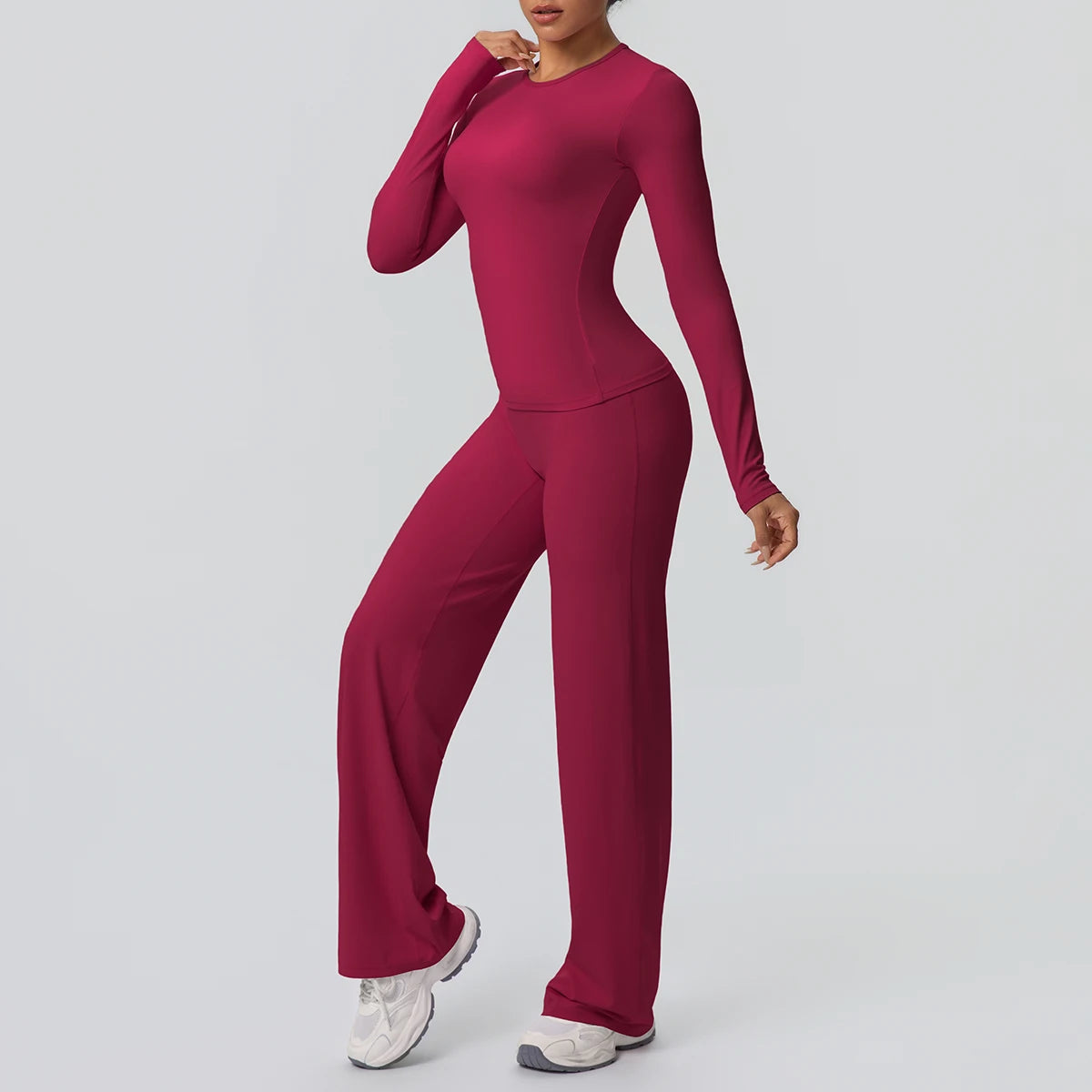 Yoga-Set für Damen: langärmliges Top und Leggings in Weinrot