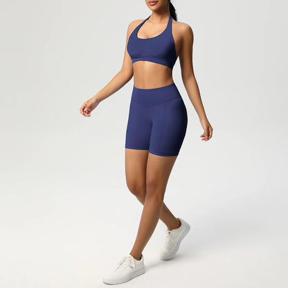 Damen-Fitnessset mit nahtlosem Sport-BH und Laufshorts, nachtblau