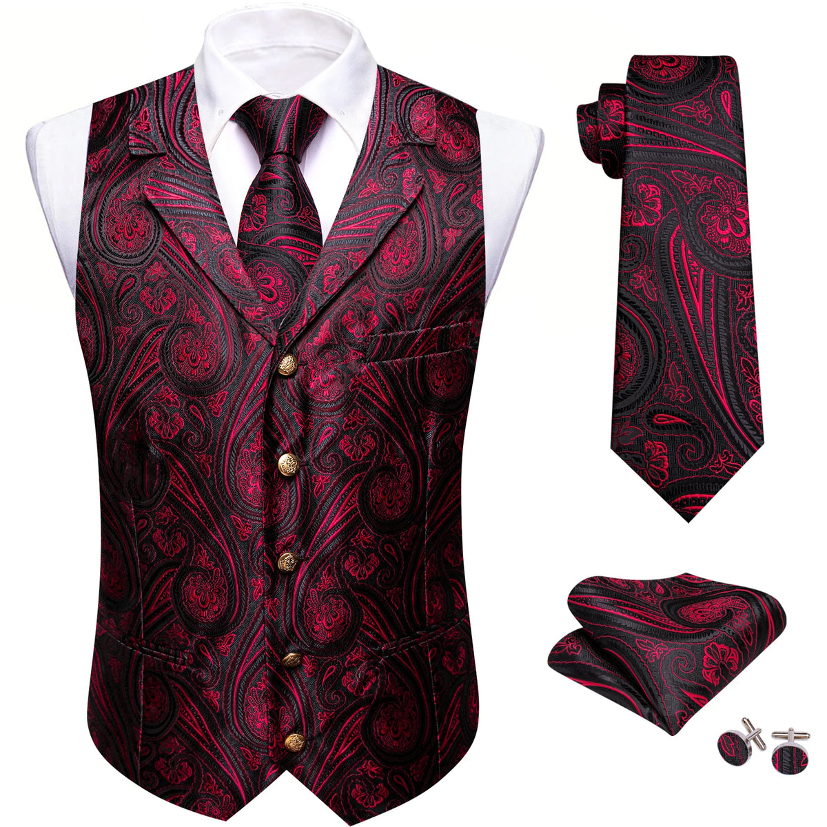 Jacquard-Herrenweste mit Paisley, weinrot/schwarz, V-Ausschnitt, Knöpfe, Einstecktuch