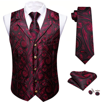 Jacquard-Herrenweste mit Paisley, weinrot/schwarz, V-Ausschnitt, Knöpfe, Einstecktuch