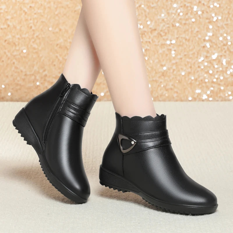 Damen Schneestiefel aus echtem Leder mit rutschfestem flachem Boden