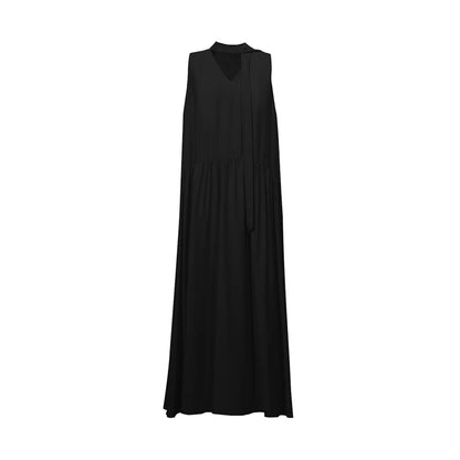 Schwarzes Damen-Sommerkleid, ärmellos, V-Ausschnitt und geraffter Taillenbereich
