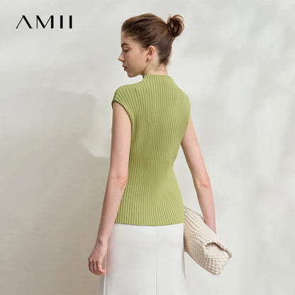 Ärmelloser Strickpullover, hellgrünes Rückteil, gerippter Stehkragen