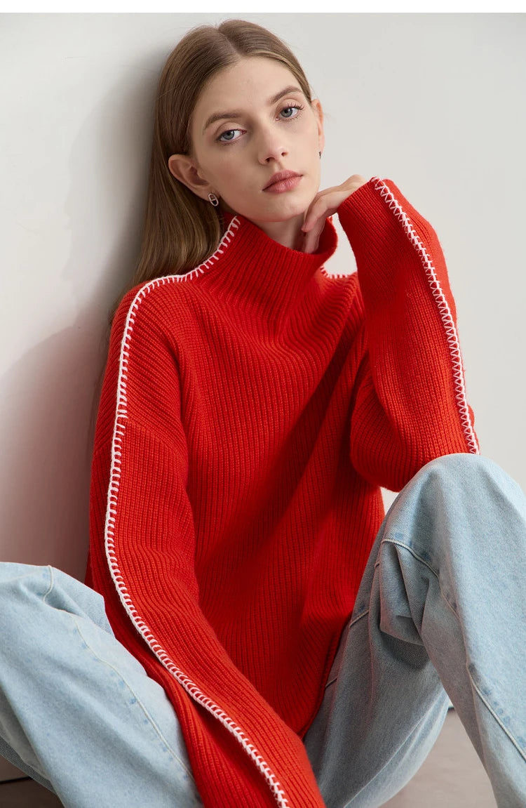 Damen-Rollkragenpullover Wolle Stickerei locker Weihnachten Winter