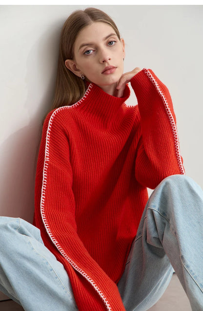 Damen-Rollkragenpullover Wolle Stickerei locker Weihnachten Winter