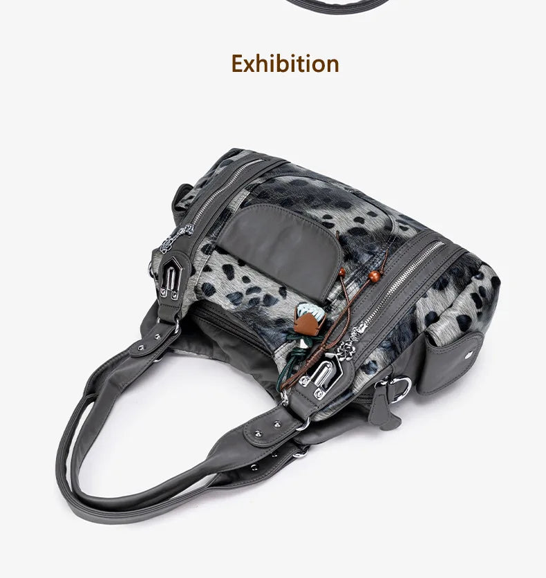 Damen-Hobo-Tasche aus gewaschenem Leder mit grau-Leoparden-Print und mehreren Fächern und viel Stauraum