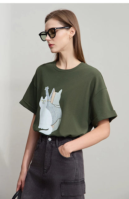 Damen Top im minimalistischen Stil mit O-Ausschnitt und bedrucktem Design