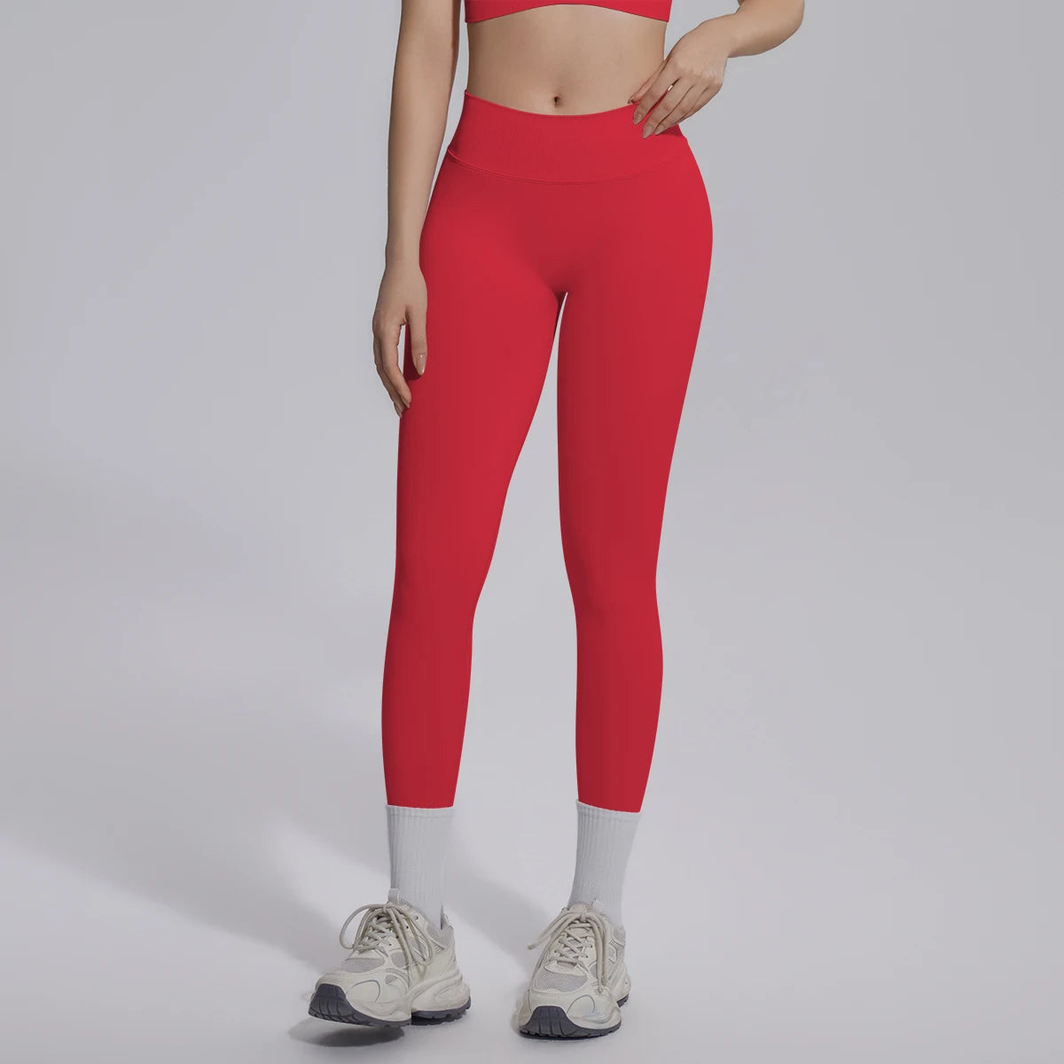 Nahtlose Yoga-Hose für Damen, eng anliegend, rot, 7/8-Länge mit weißem Saum