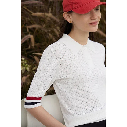 Damen Pullover im Minimalismus-Stil mit Polo-Ausschnitt und Kontrastfarben