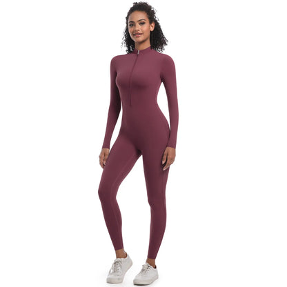 Damen-Sport-Overall, bordeauxrot, langarm, Nahtlos-Slim-Fit, Frontreißverschluss