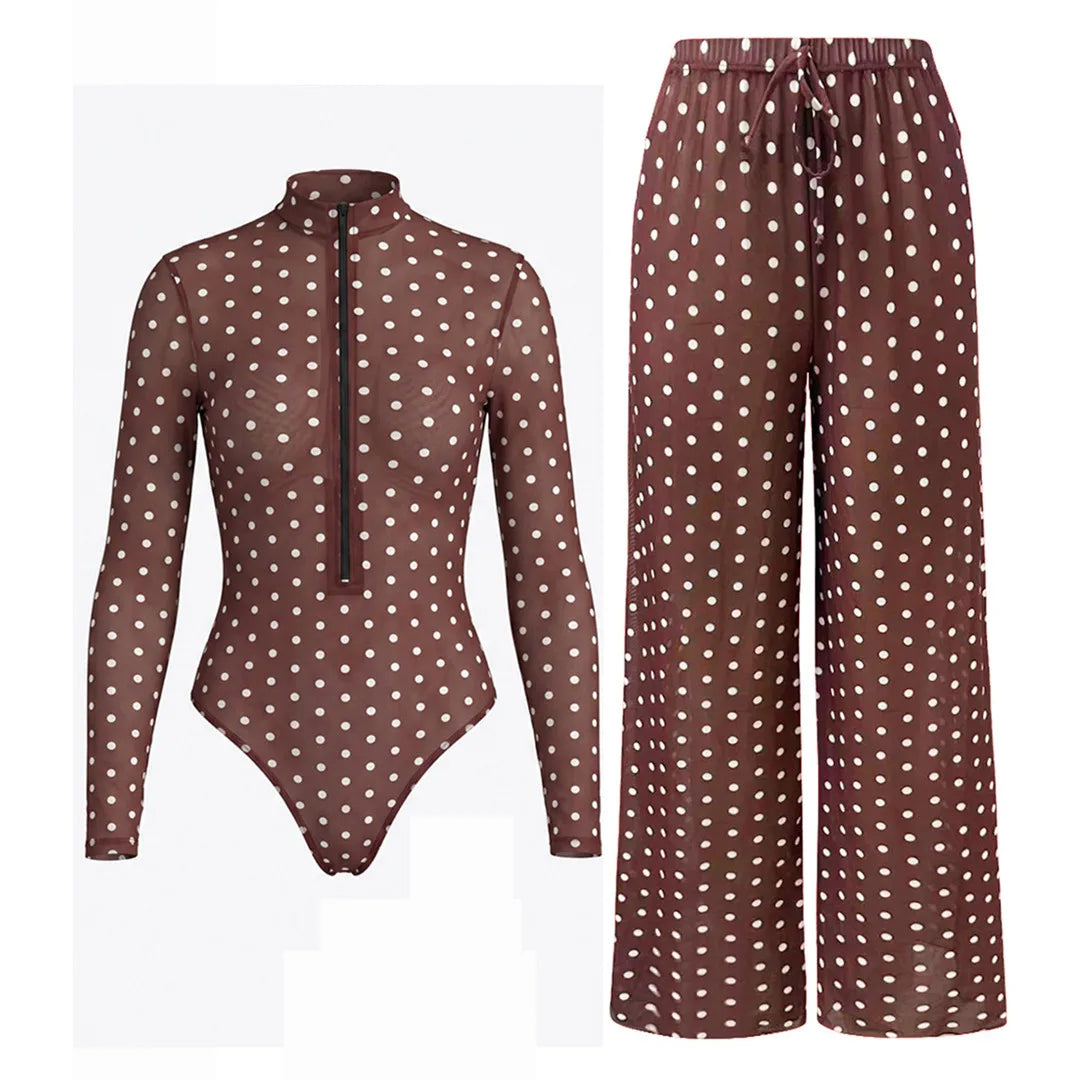 Damen Badeanzug Polka Dot Langarm Reißverschluss mit Hose gepolstert