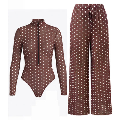 Damen Badeanzug Polka Dot Langarm Reißverschluss mit Hose gepolstert