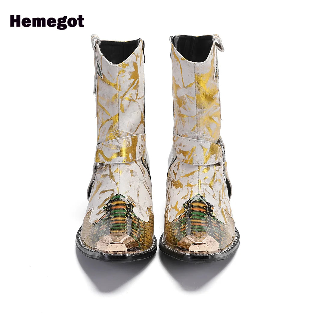 Herren-Stiefeletten mit spitzem Zehenbereich, goldfarben/silbern schimmernd, Blockabsatz
