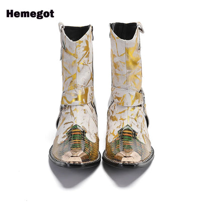 Herren-Stiefeletten mit spitzem Zehenbereich, goldfarben/silbern schimmernd, Blockabsatz