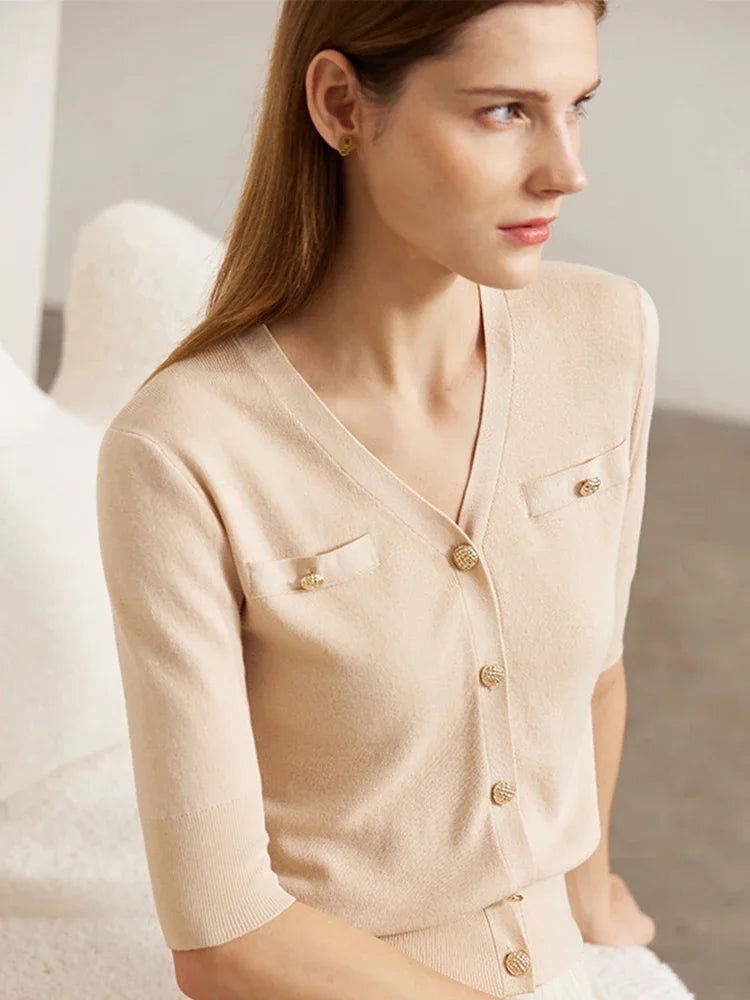 Damen-Strickjacke Baumwolle Slim Halbarm V-Ausschnitt Büro Frühling