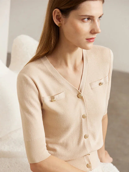 Damen-Strickjacke Baumwolle Slim Halbarm V-Ausschnitt Büro Frühling