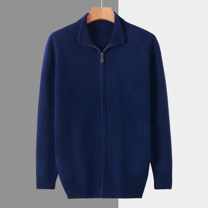 Stehkragen Reißverschluss Strickjacke Pullover Herrenmantel Business Casual Herbst Winter neue reine Wolle Strickjacke Männer Doppeltaschen