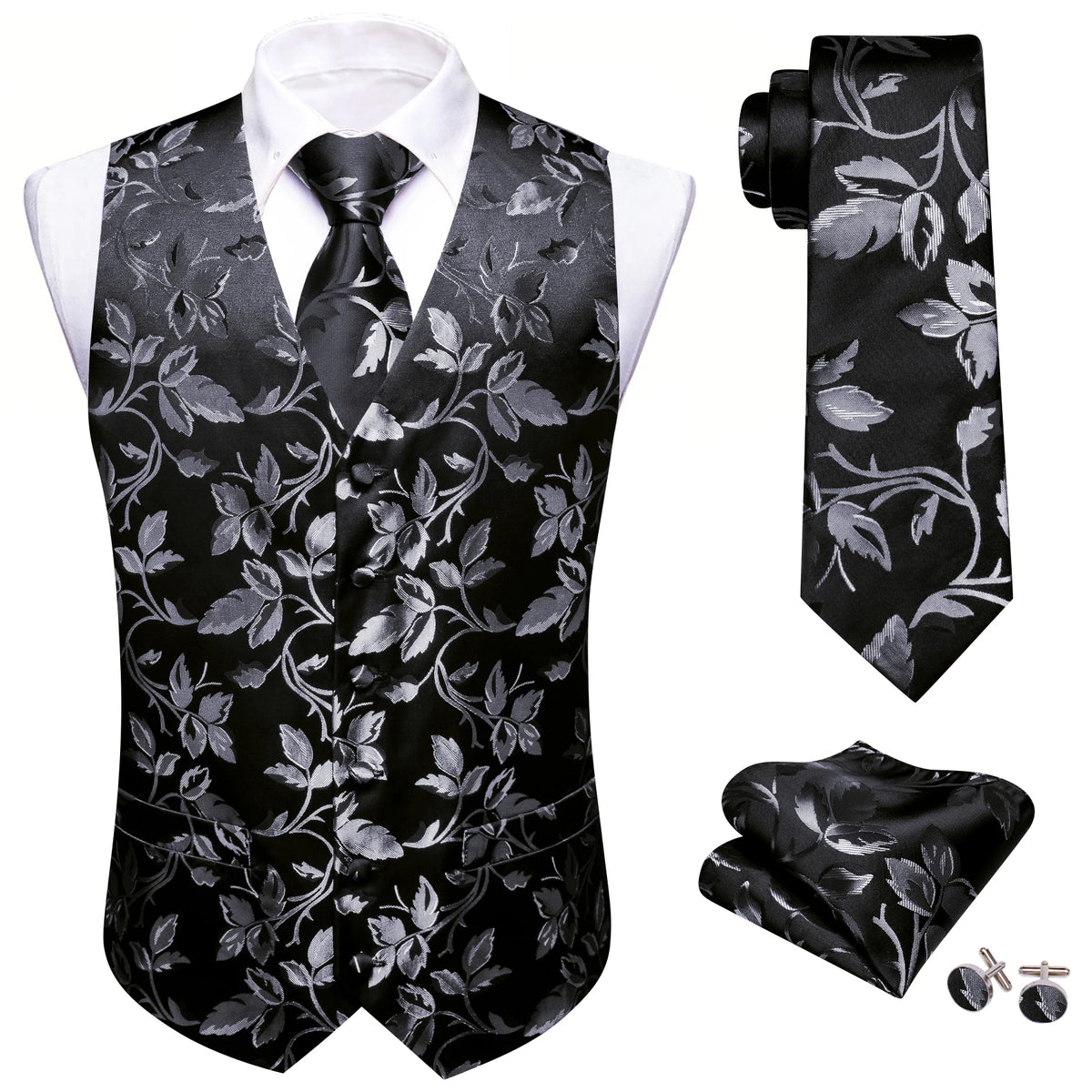 Schwarzes Herrenweste-Set mit floraler Musterung, Krawatte und Einstecktuch, inkl. Knöpfe