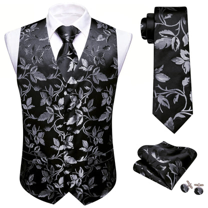 Schwarzes Herrenweste-Set mit floraler Musterung, Krawatte und Einstecktuch, inkl. Knöpfe