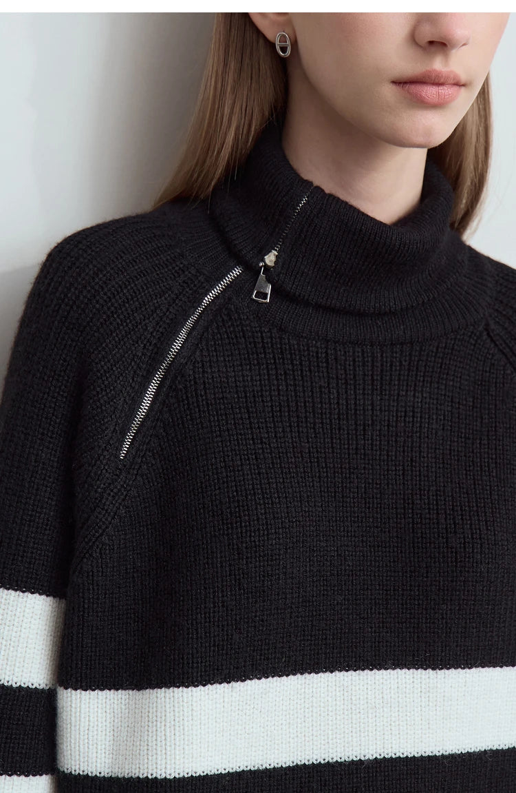 Damen-Rollkragenpullover mit hohem Kragen und halbem Reißverschluss, Schwarz mit weißen Streifen