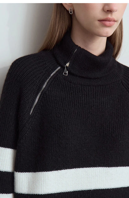Damen-Rollkragenpullover mit hohem Kragen und halbem Reißverschluss, Schwarz mit weißen Streifen