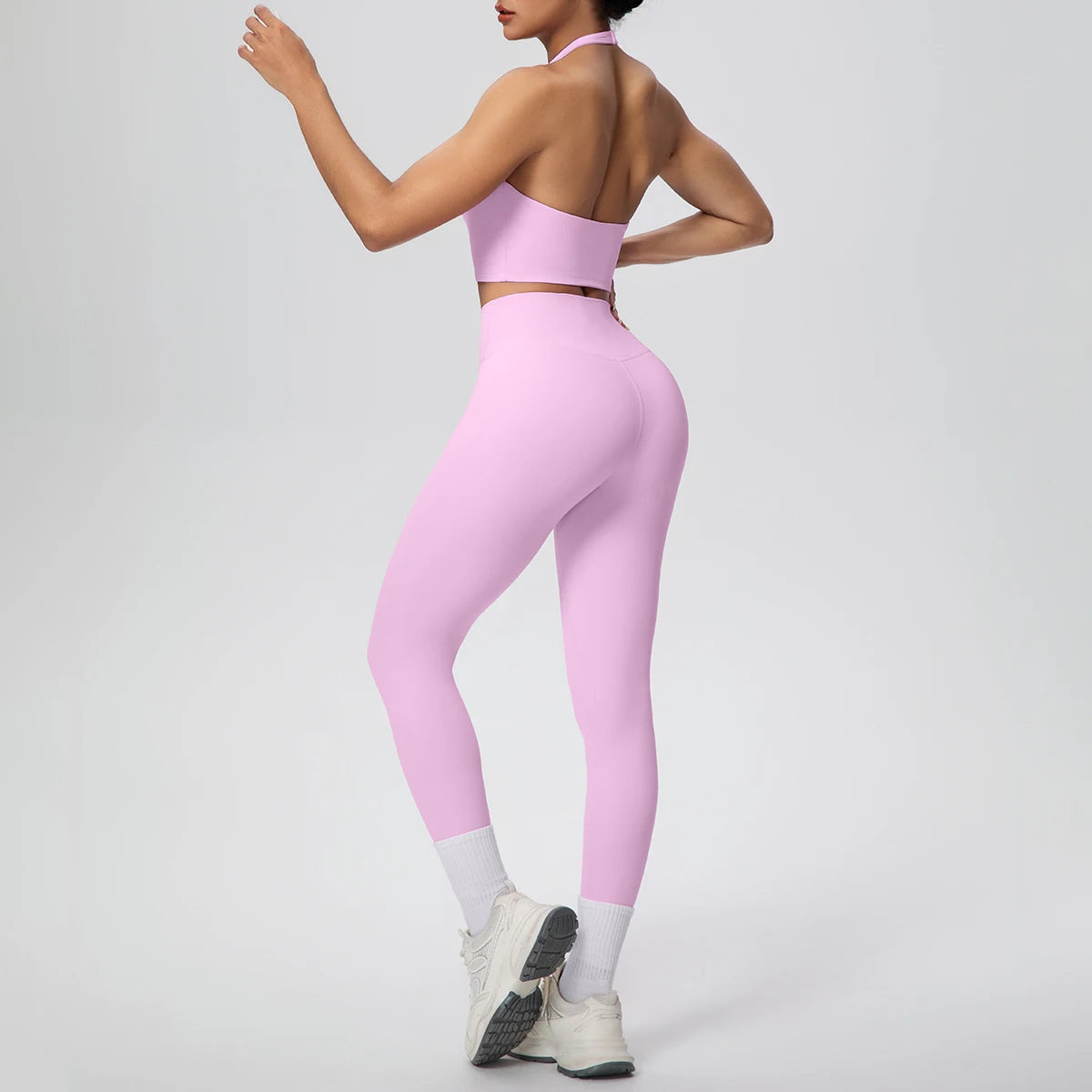 Lila Yoga-Set mit kurzem Trägertop und Leggings, Taillenbund mit farblichem Einsatz