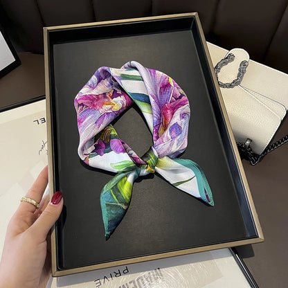 Damen Seidenschal 53cm quadratisch Blumenprint Luxus Halstuch Hijab Bandana B