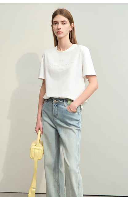 Damen T-Shirts im Minimalismus-Stil mit Kurzarm und Buchstaben-Stickerei