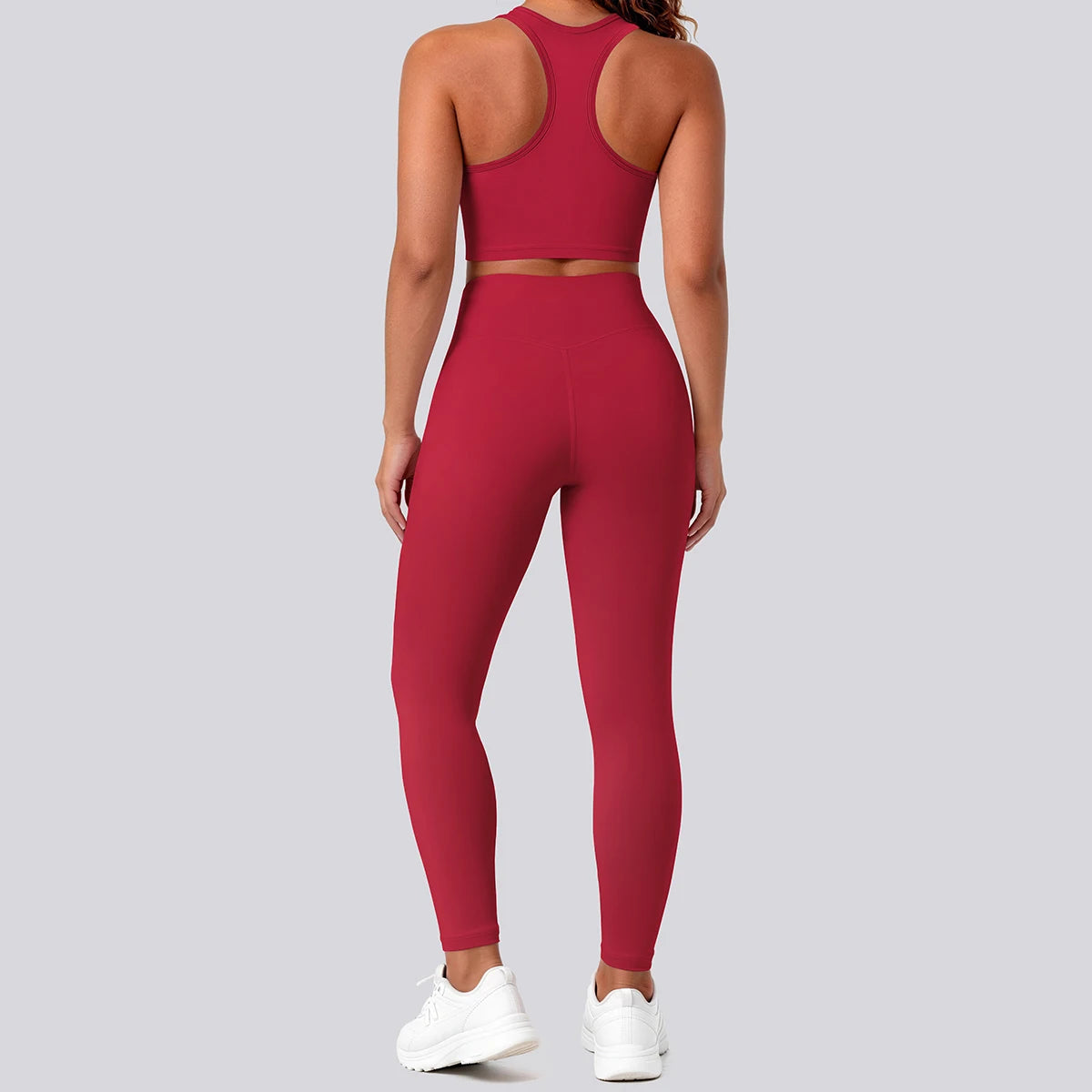 Nahtfreies Yoga-Set mit Sport-BH und Leggings in Dunkelrot, Rückenansicht