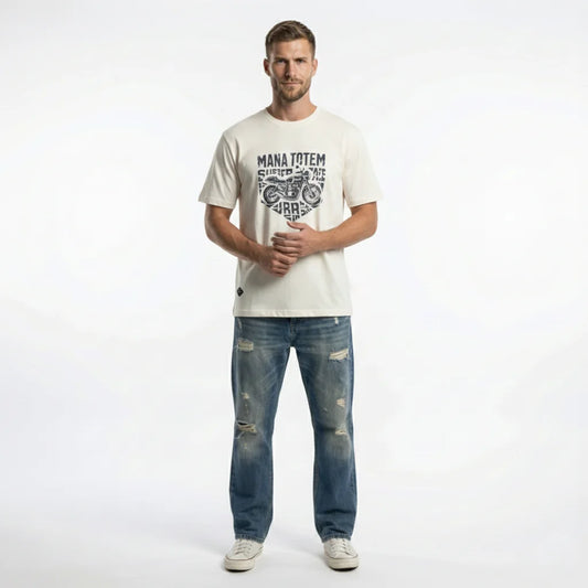Herren-T-Shirt aus Baumwolle in Hellbeige mit Motorrad-Print auf der Brust