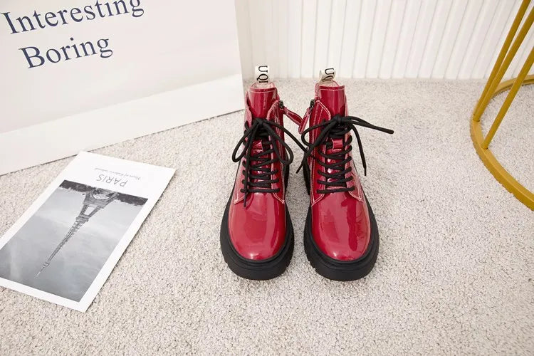 Damen-Ankle-Boots aus Leder, rot, Schnürung, glänzend, knöchelhoch mit Profilsohle