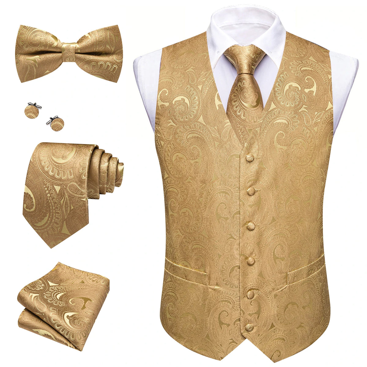 5-teiliges Business-Set: Anzugweste mit Ornament-Paisley in Gold, dazu Krawatte, Fliege & Accessoires.