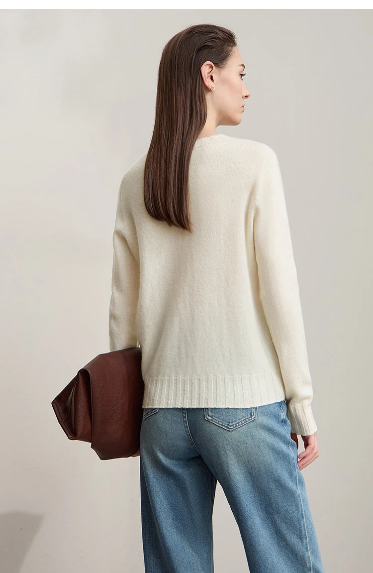 Wollpullover, einfarbig cremeweiß, Rundhals, lange Ärmel, gerippter Saum, lockere Passform