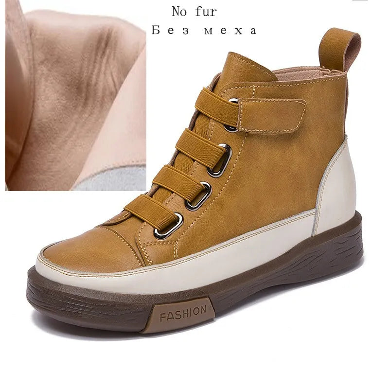 Damen-Ankle-Boots aus Leder, gelbbraun, mit Schnallen und flacher Sohle